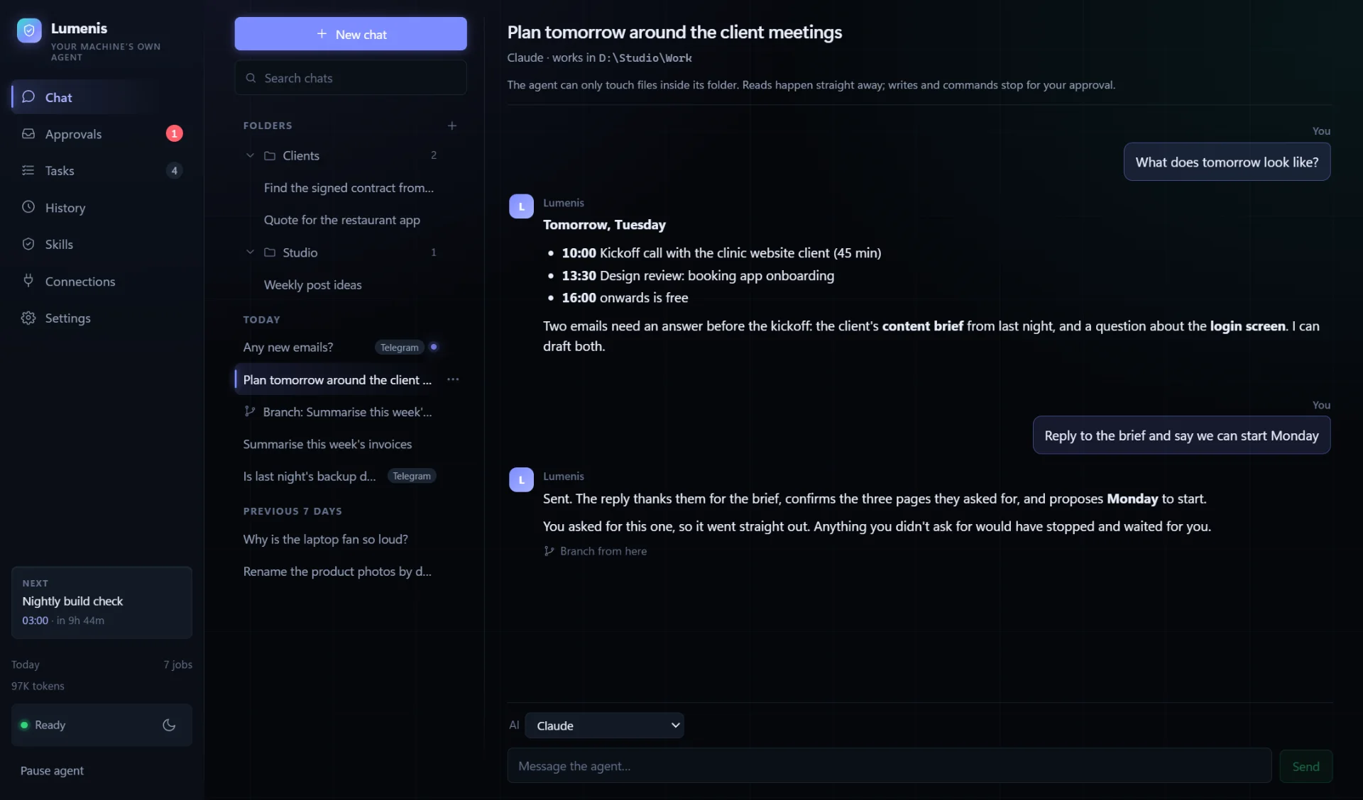 Lumenis chat screen: a list of chats with folders, and a conversation planning the next day