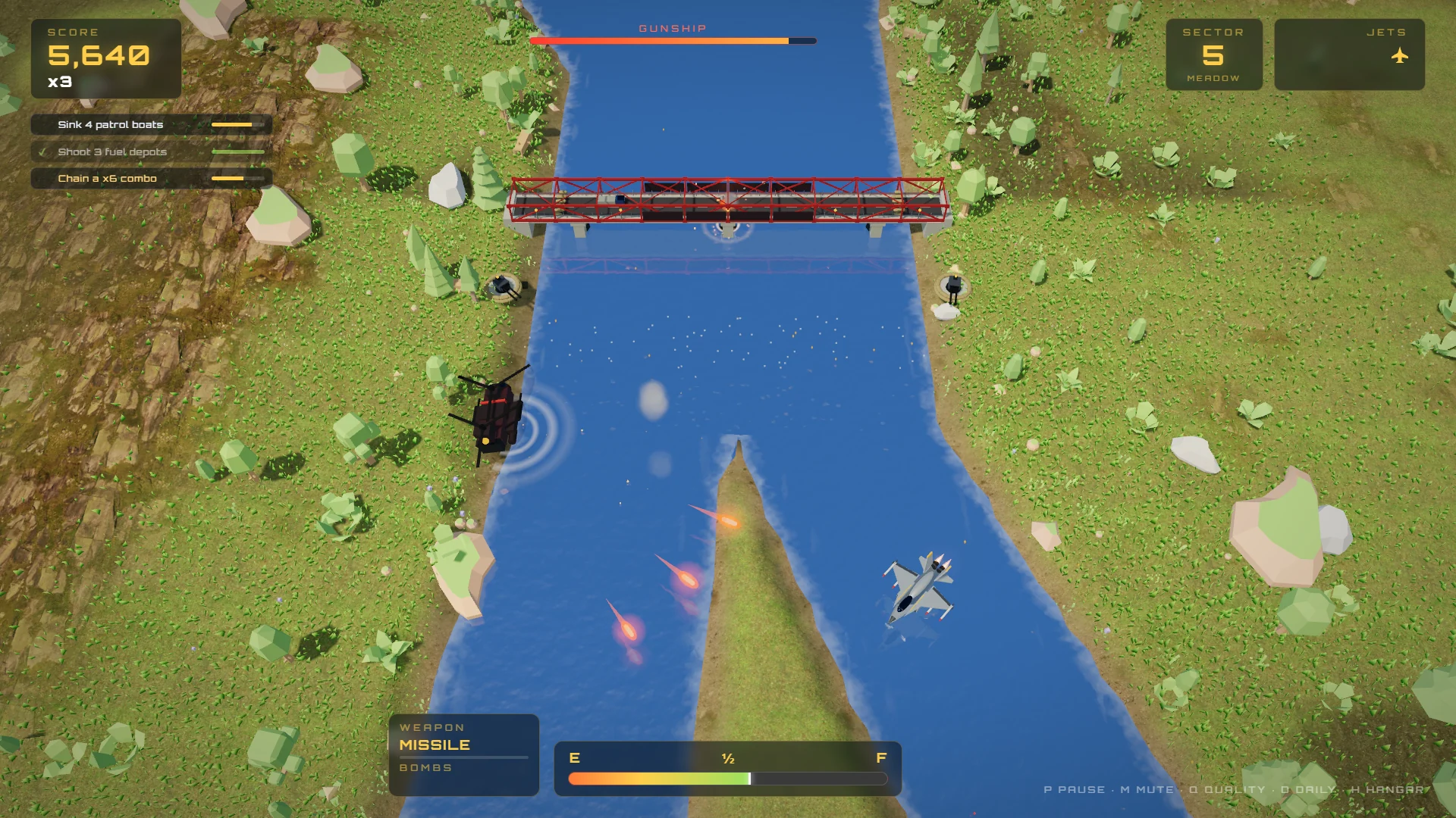 River Fight — a boss gunship over the river, the bridge ahead